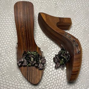 Wooden slide on heels with translucent embellished toe